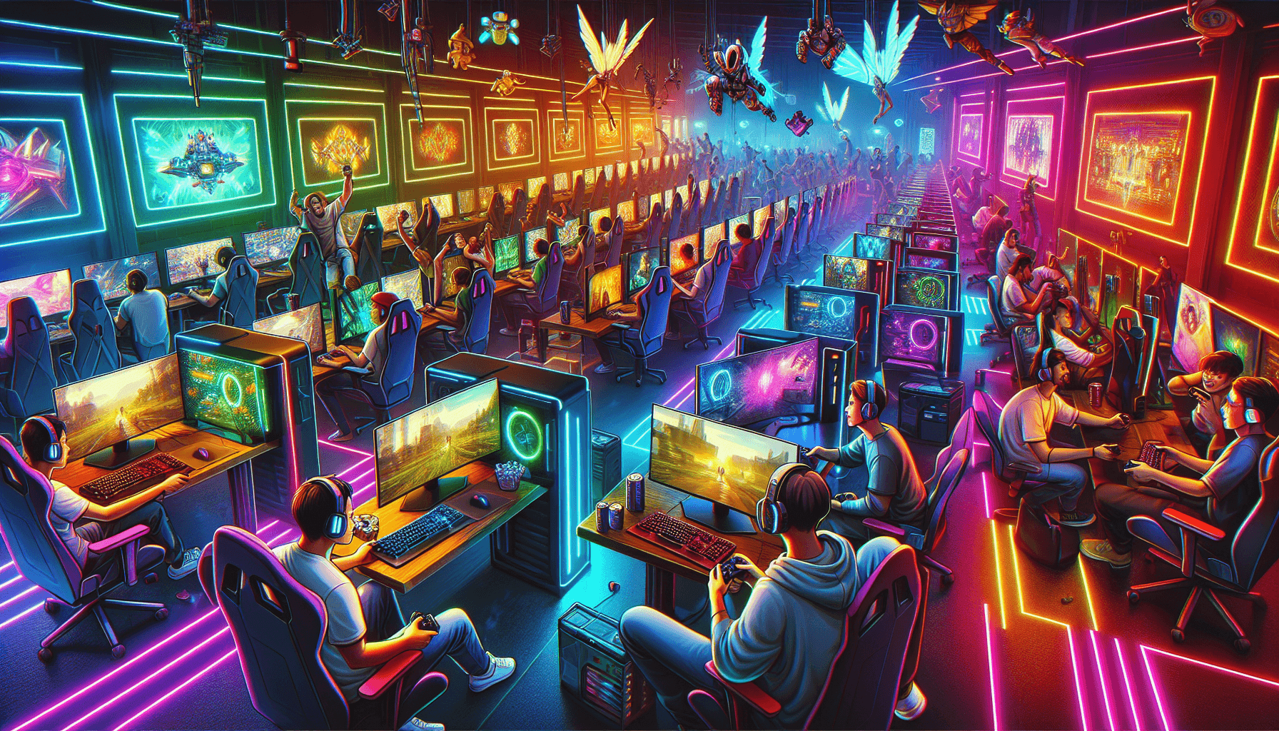 Intérieur du club de jeu avec des PC et consoles haut de gamme